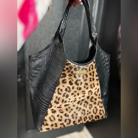 🐆🖤Vintage BRAHMIN Leopard print calf hair & Genuine Leather Shopper Tote Bag🐆EUC - Picture 8 of 17
